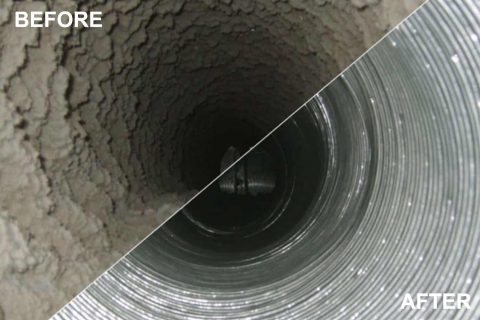 Comparaison de l’intérieur d’un conduit avant et après nettoyage